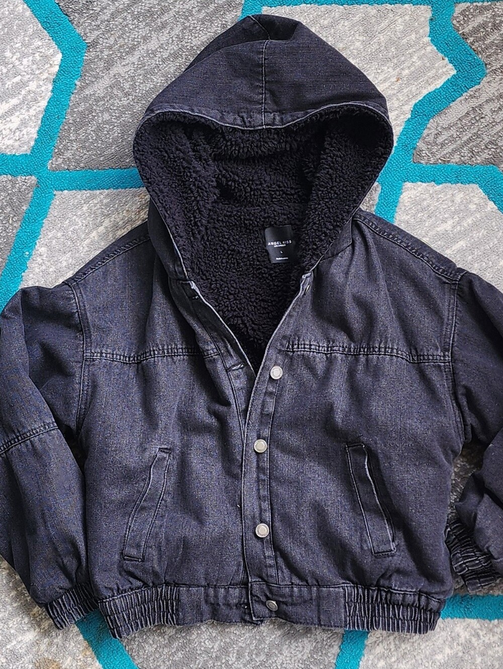 sherpa line hooded cropped jean jacket Sz L